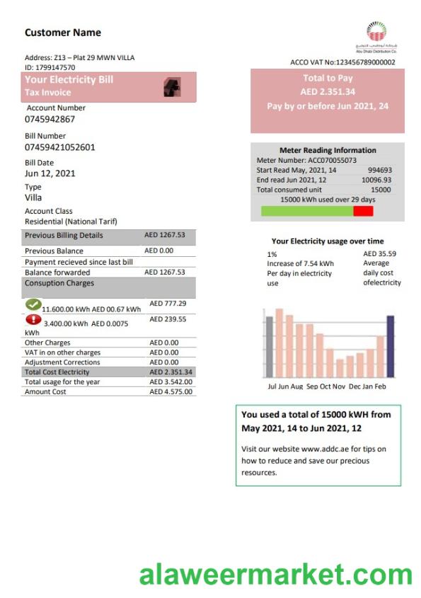 United Arab Emirates Abu Dhabi Distribution electricity utility bill template in Word and PDF format